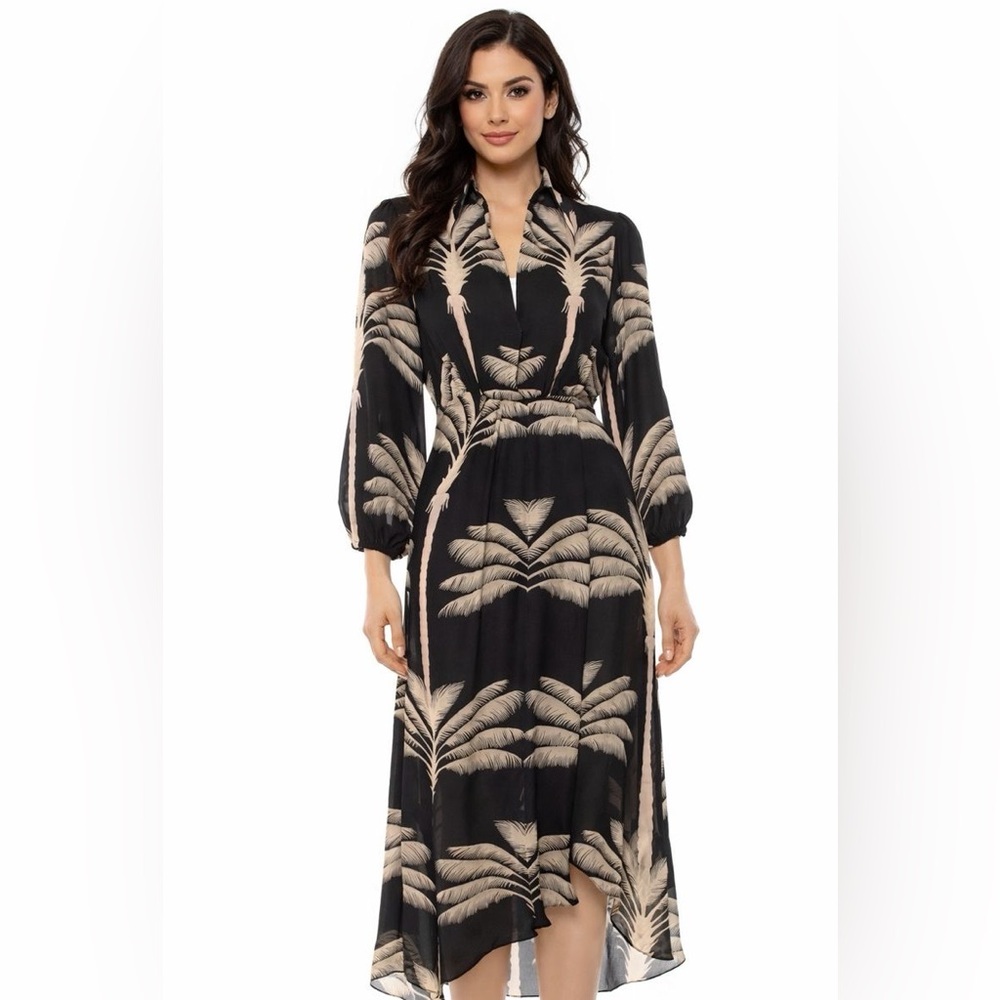 Peaceful Waters Palm-Print Long-Sleeve Ankle Shirtdress